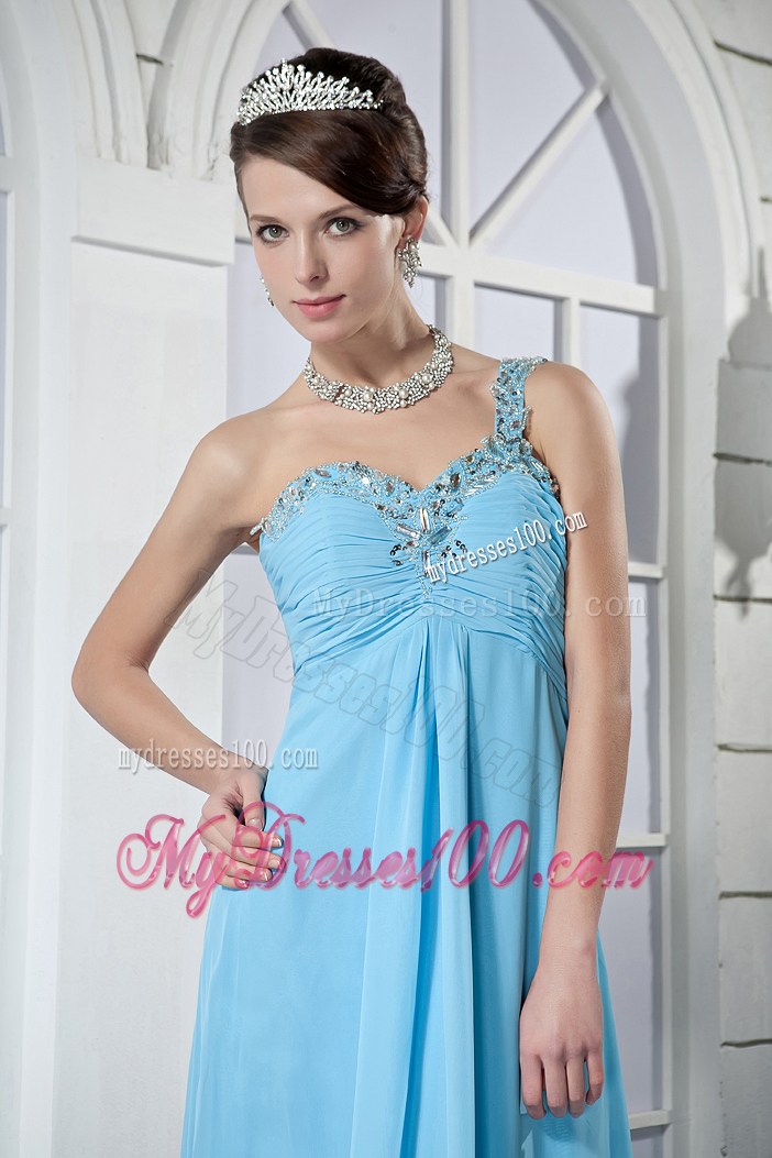 Aqua Blue Empire One Shoulder Brush Train Beading Prom Dress