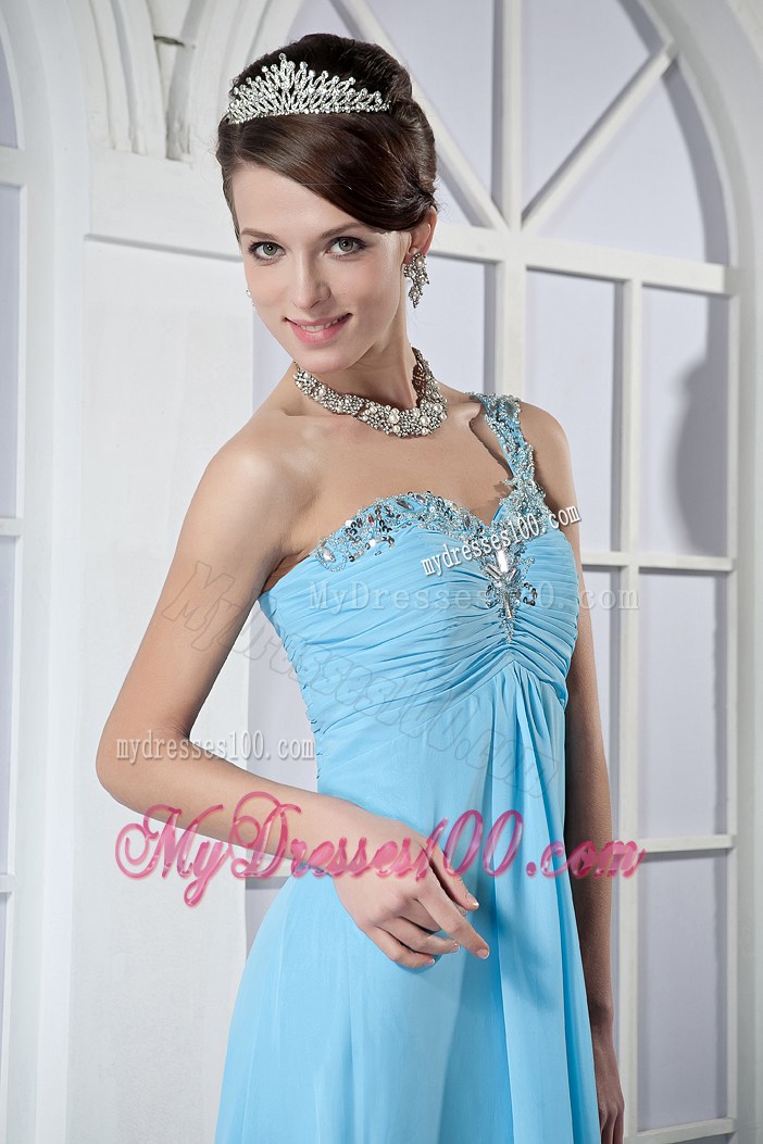 Aqua Blue Empire One Shoulder Brush Train Beading Prom Dress