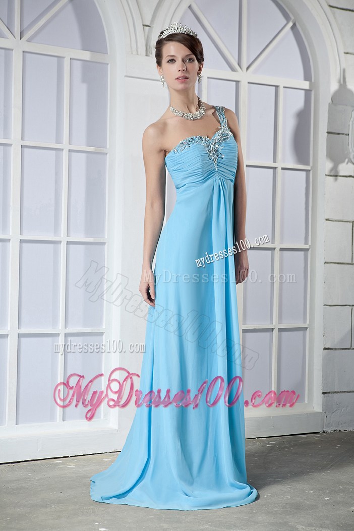Aqua Blue Empire One Shoulder Brush Train Beading Prom Dress