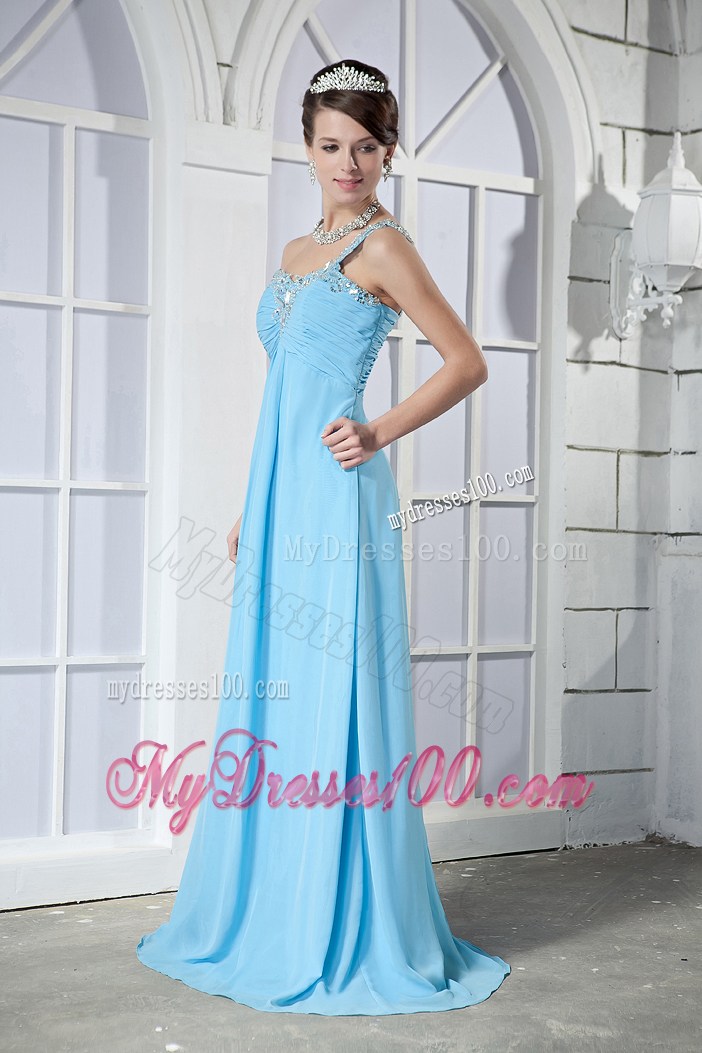 Aqua Blue Empire One Shoulder Brush Train Beading Prom Dress