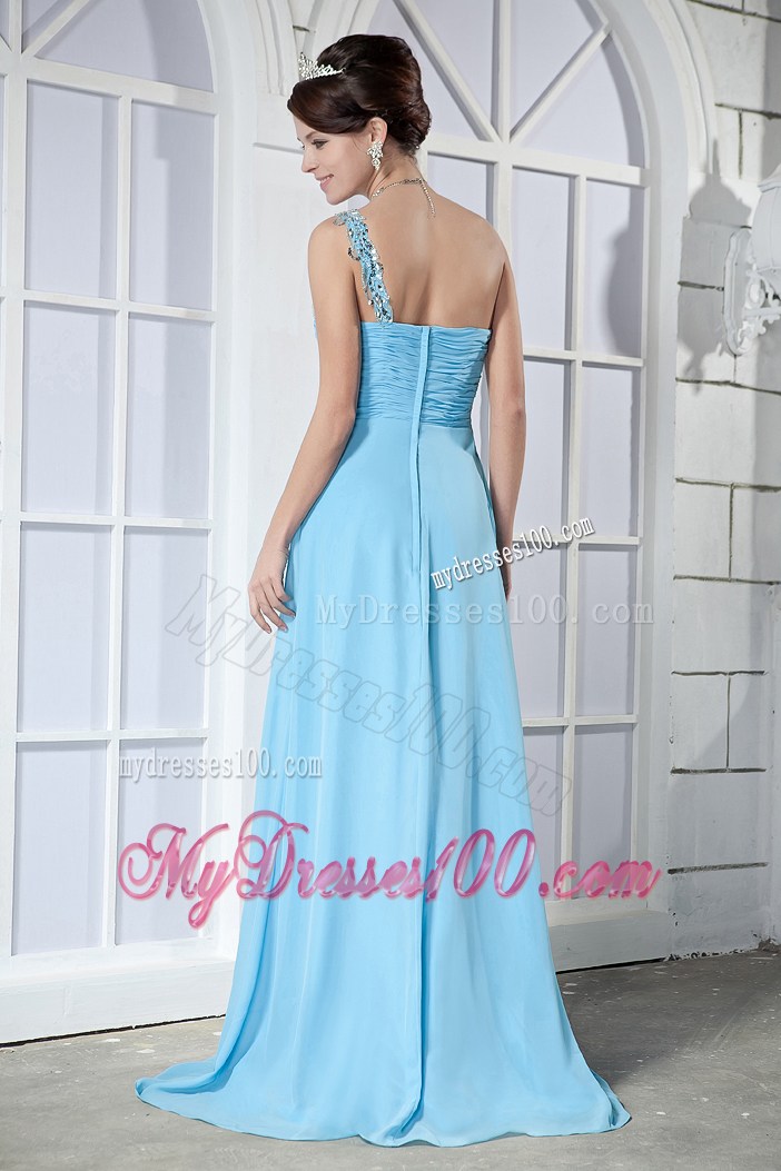 Aqua Blue Empire One Shoulder Brush Train Beading Prom Dress