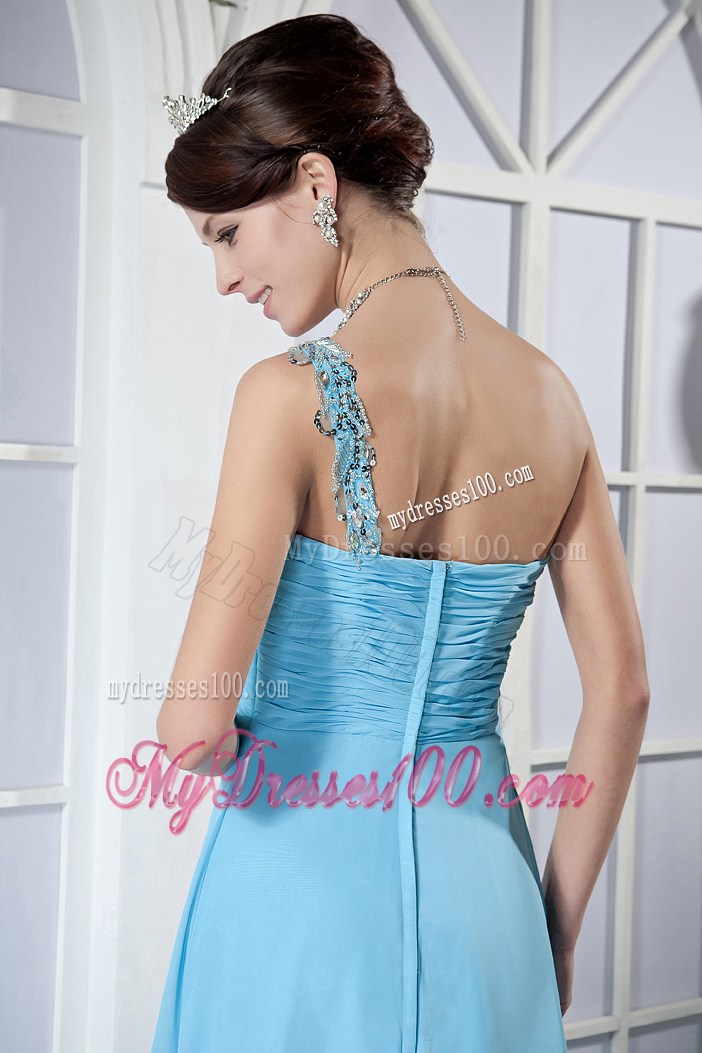 Aqua Blue Empire One Shoulder Brush Train Beading Prom Dress