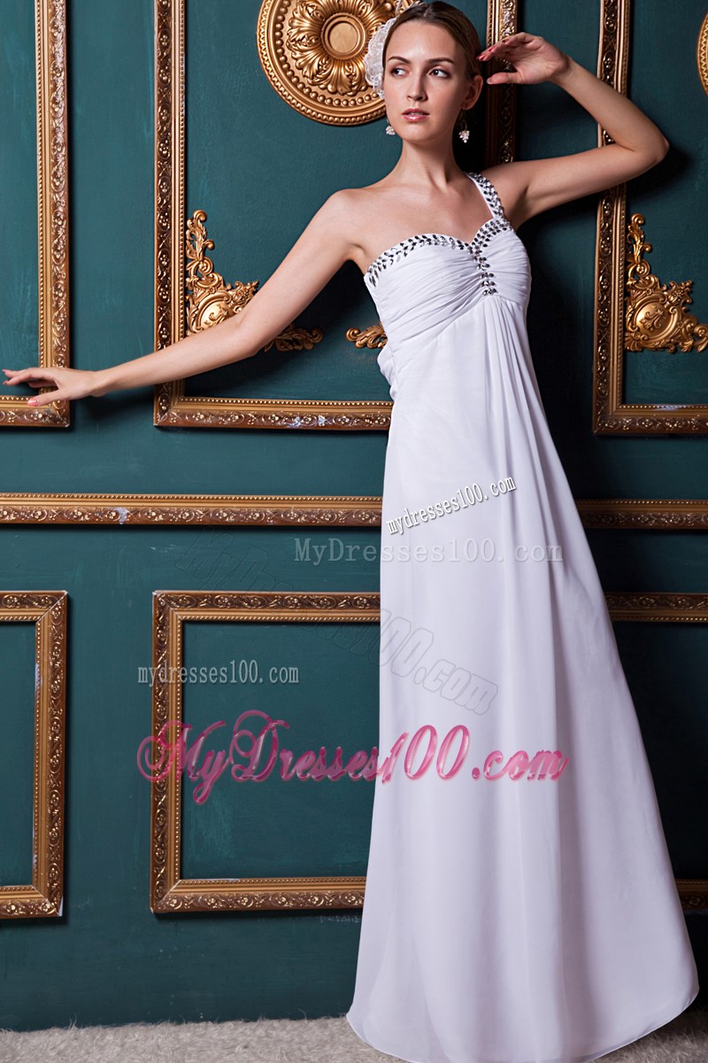 White Empire One Shoulder Floor-length Beading Prom Dress