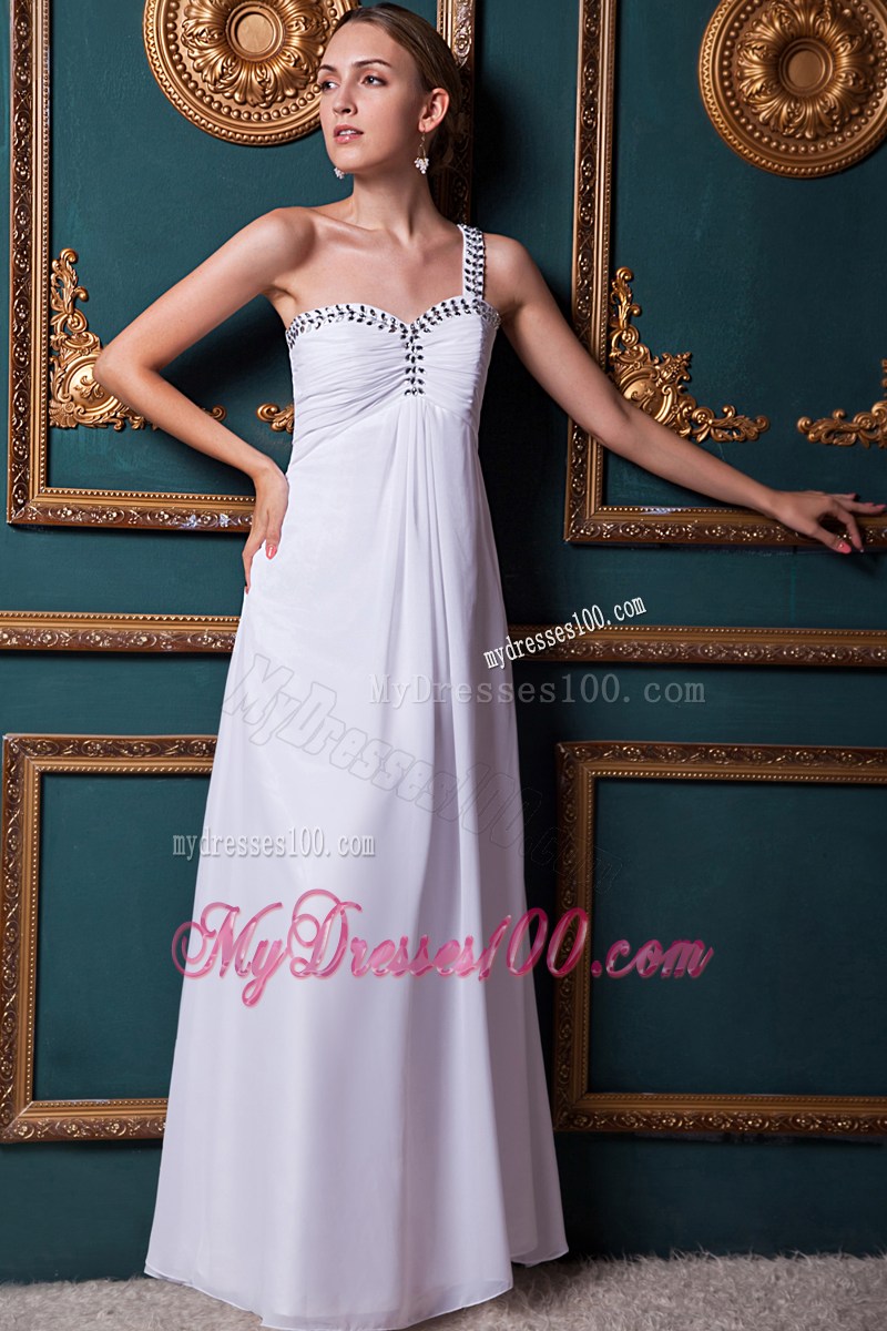 White Empire One Shoulder Floor-length Beading Prom Dress