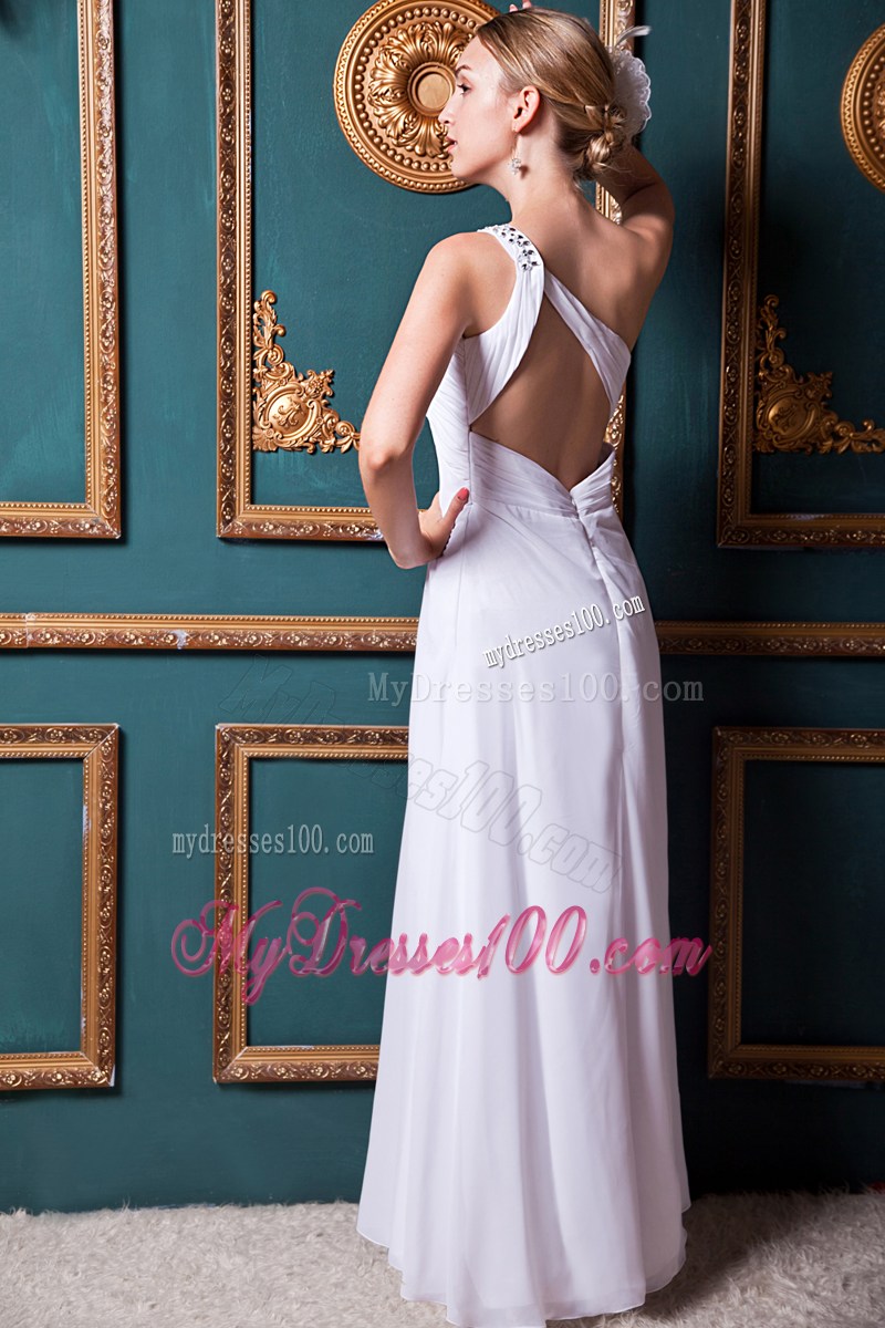 White Empire One Shoulder Floor-length Beading Prom Dress