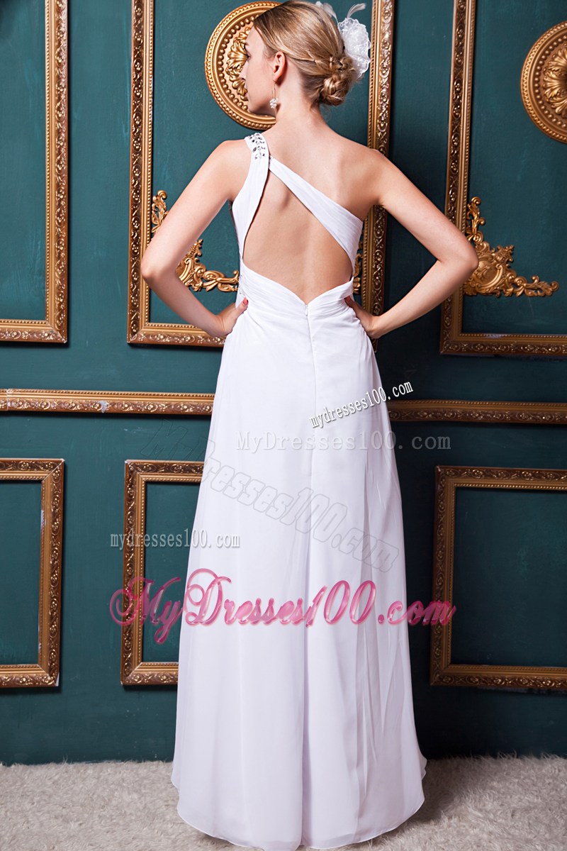 White Empire One Shoulder Floor-length Beading Prom Dress