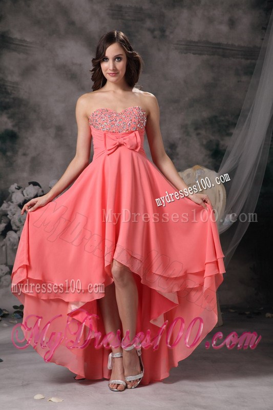 Watermelon Red High-low Sweetheart Prom Dress with Beading