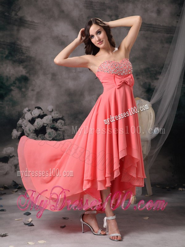 Watermelon Red High-low Sweetheart Prom Dress with Beading