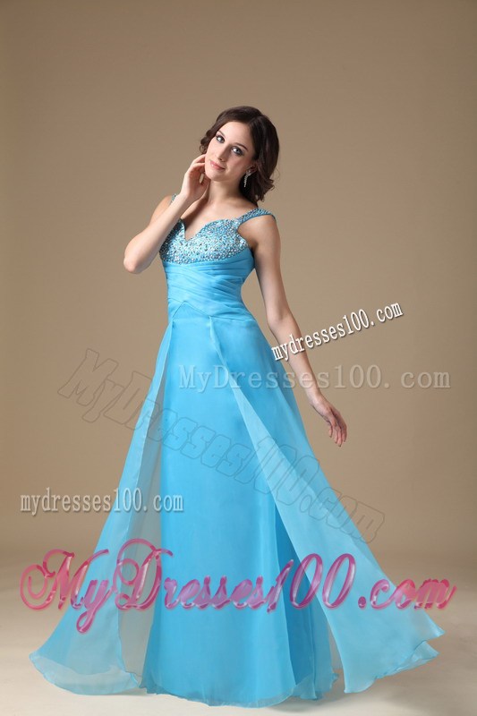 Aqua Blue Column Beading and Ruching Prom Dress with Straps
