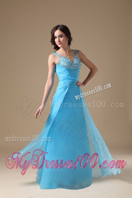 Aqua Blue Column Beading and Ruching Prom Dress with Straps