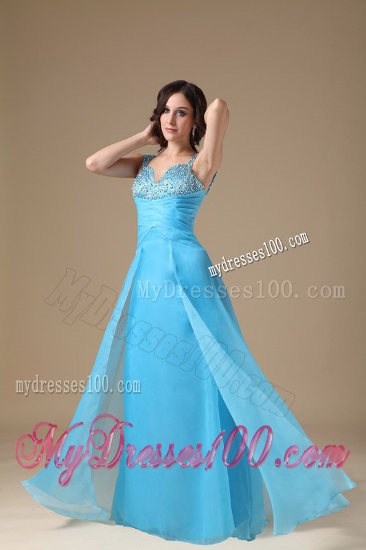 Aqua Blue Column Beading and Ruching Prom Dress with Straps