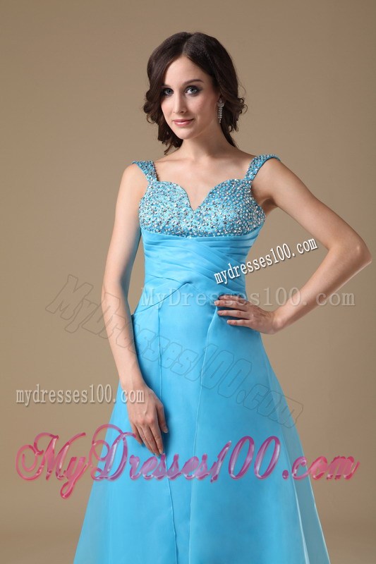 Aqua Blue Column Beading and Ruching Prom Dress with Straps