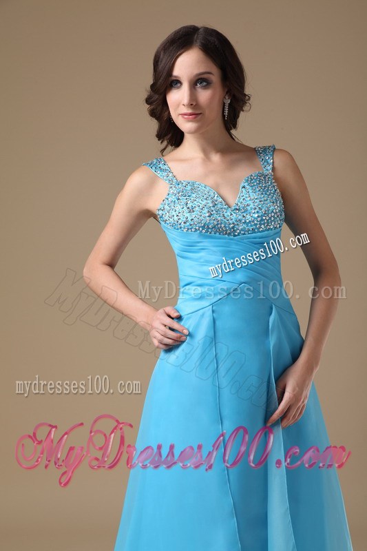 Aqua Blue Column Beading and Ruching Prom Dress with Straps