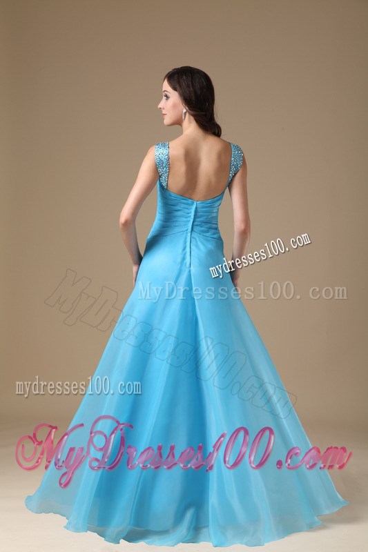 Aqua Blue Column Beading and Ruching Prom Dress with Straps