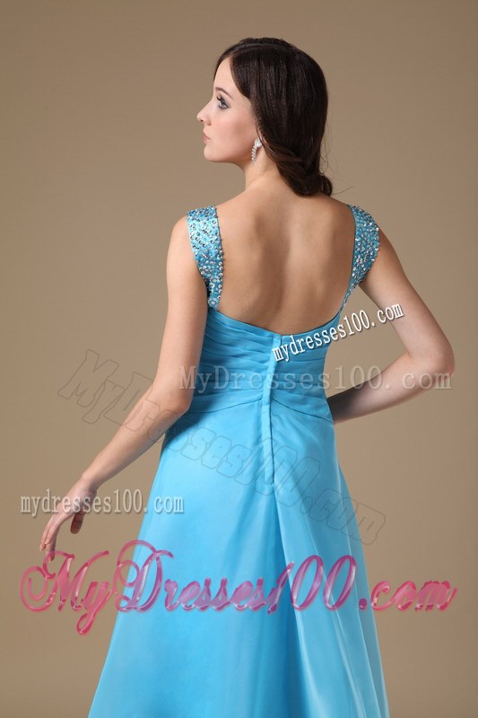 Aqua Blue Column Beading and Ruching Prom Dress with Straps