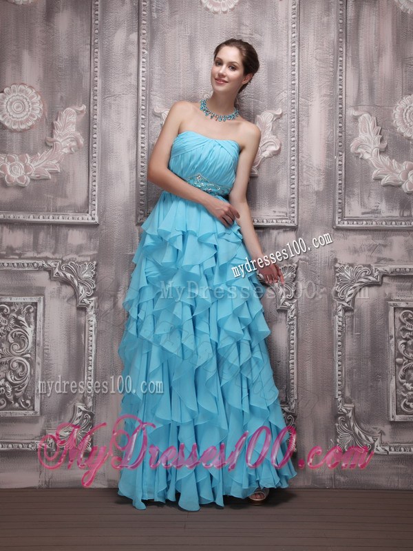 Aqua Blue Strapless Floor-length Beading and Ruffles Prom Dress