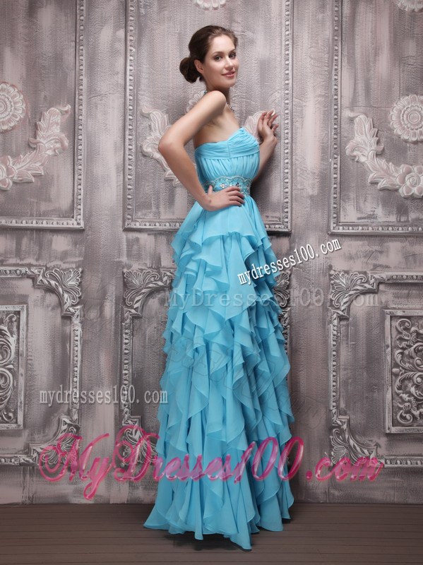 Aqua Blue Strapless Floor-length Beading and Ruffles Prom Dress