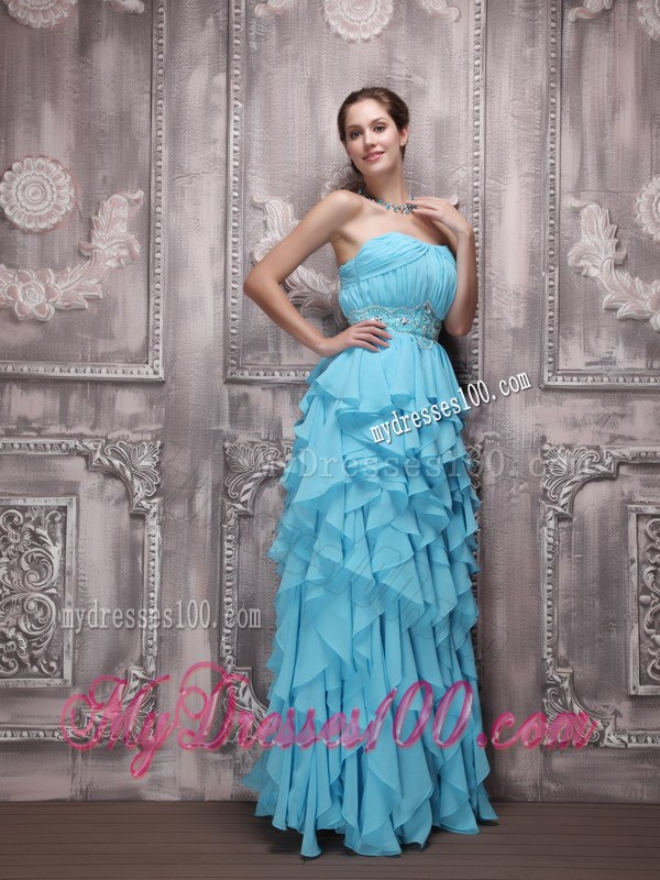 Aqua Blue Strapless Floor-length Beading and Ruffles Prom Dress