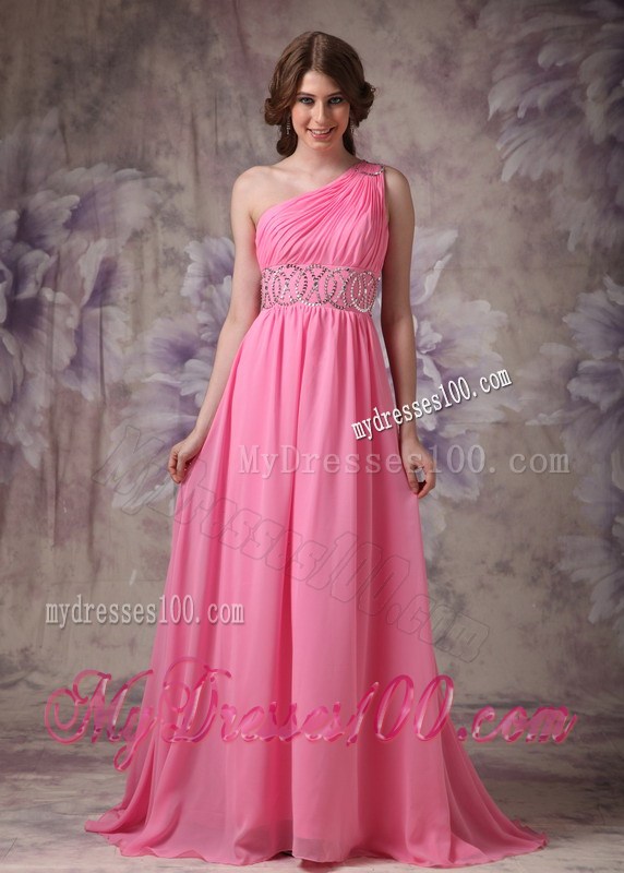 Wonderful Rose Pink One Shoulder Beading and Ruche Prom Dress