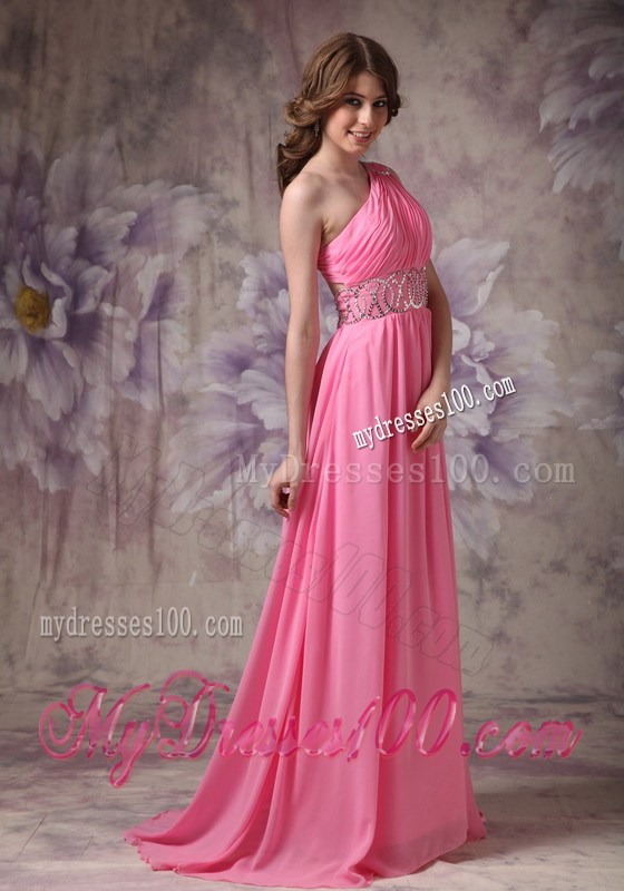 Wonderful Rose Pink One Shoulder Beading and Ruche Prom Dress