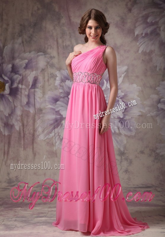 Wonderful Rose Pink One Shoulder Beading and Ruche Prom Dress