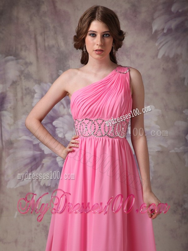 Wonderful Rose Pink One Shoulder Beading and Ruche Prom Dress