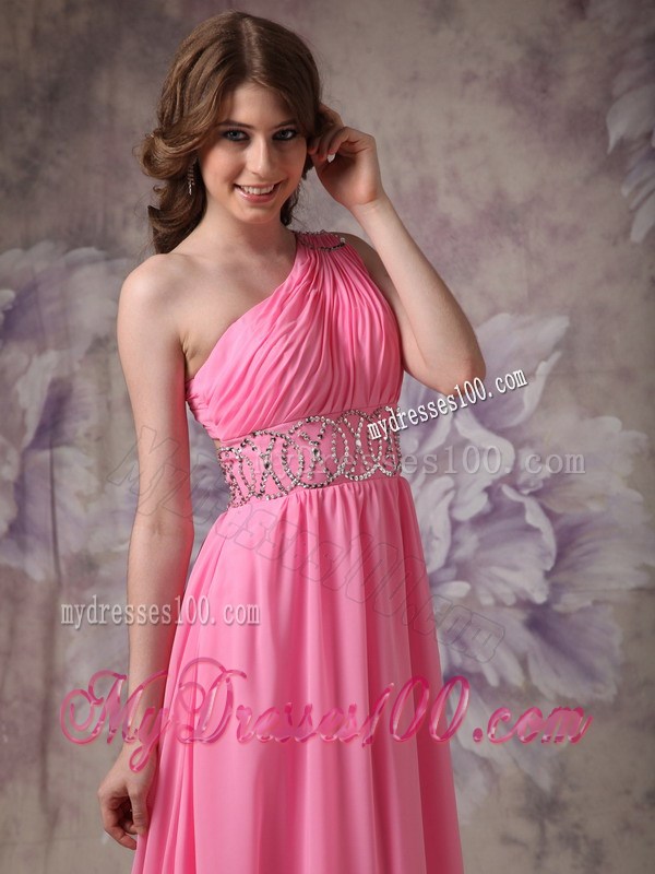Wonderful Rose Pink One Shoulder Beading and Ruche Prom Dress