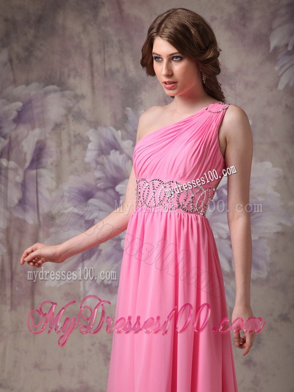 Wonderful Rose Pink One Shoulder Beading and Ruche Prom Dress