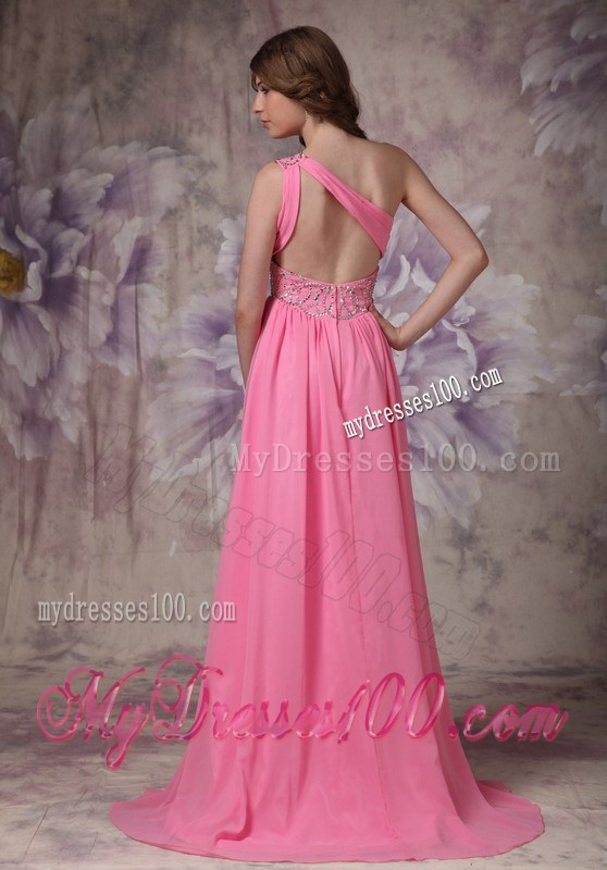 Wonderful Rose Pink One Shoulder Beading and Ruche Prom Dress