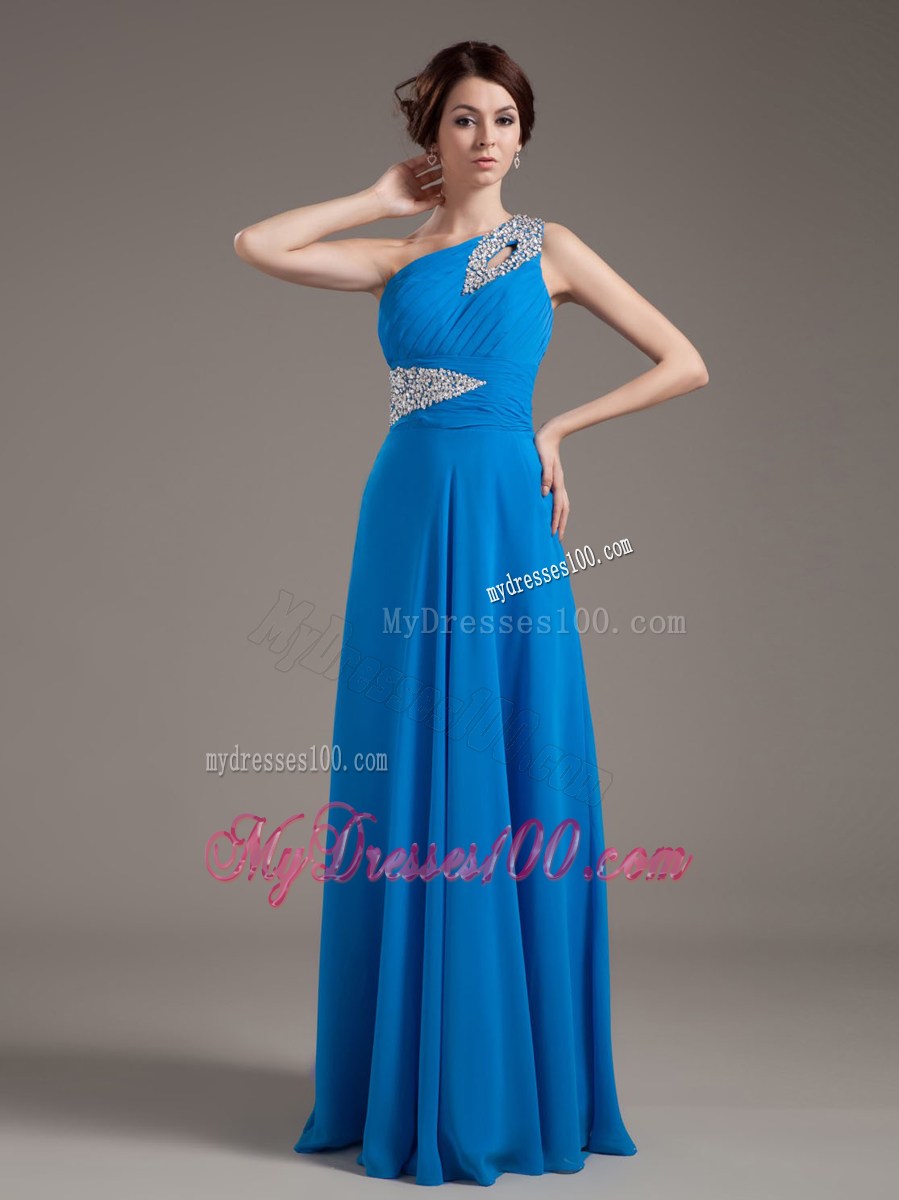 One Shoulder Blue 2013 Prom Dress with Beaded Decorate Bodice