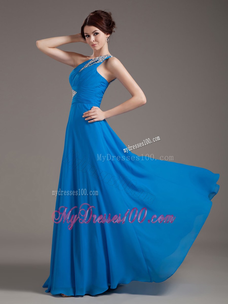 One Shoulder Blue 2013 Prom Dress with Beaded Decorate Bodice