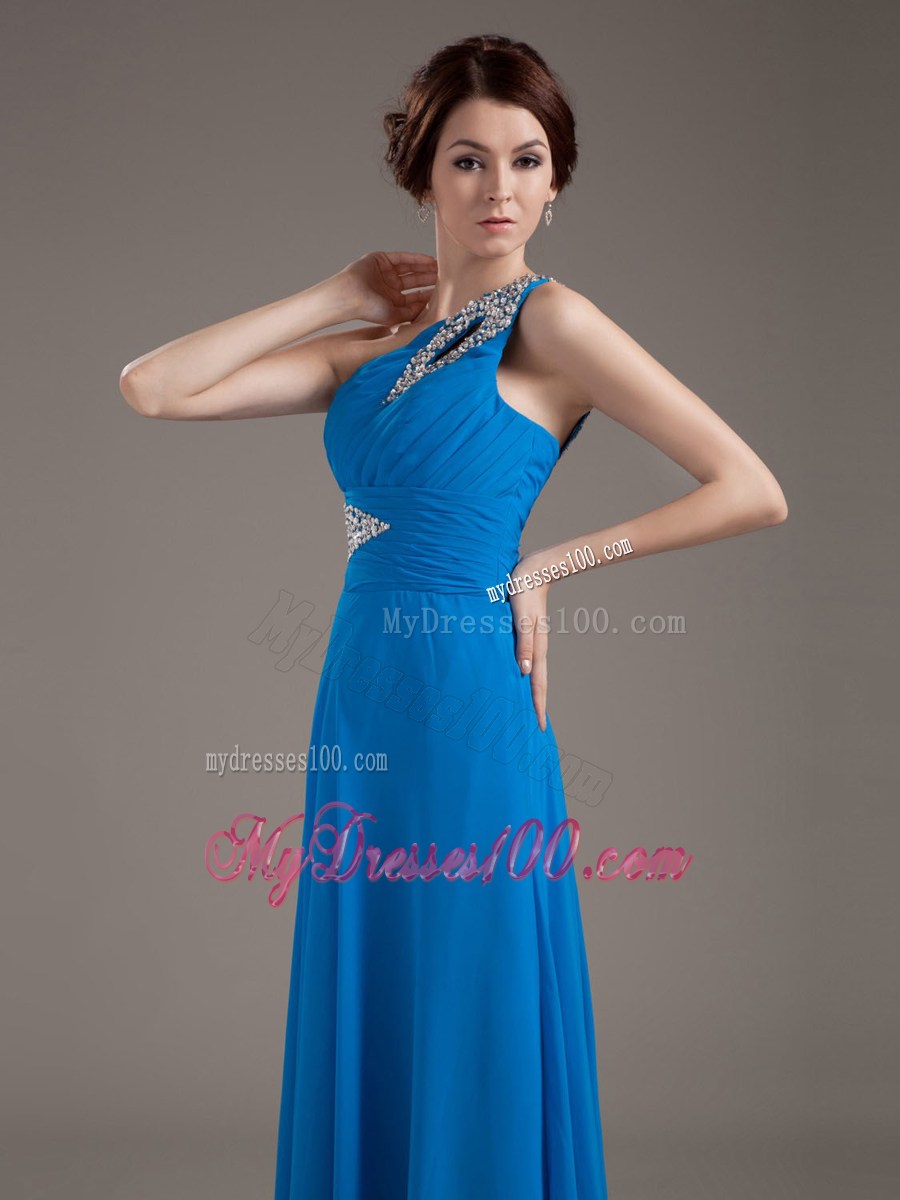 One Shoulder Blue 2013 Prom Dress with Beaded Decorate Bodice