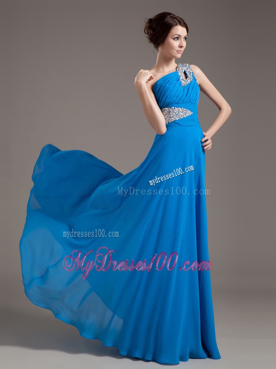 One Shoulder Blue 2013 Prom Dress with Beaded Decorate Bodice