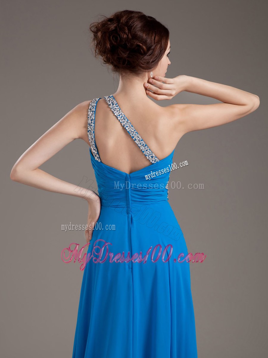 One Shoulder Blue 2013 Prom Dress with Beaded Decorate Bodice