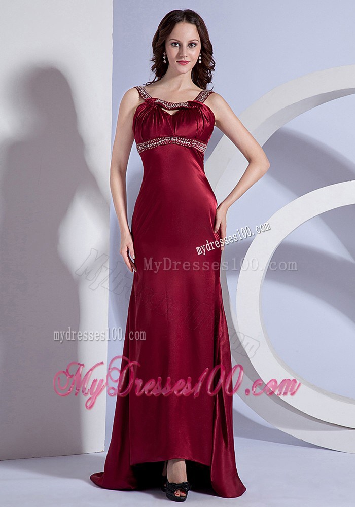 Beaded Decorate Bodice Straps Burgundy Brush Train Prom Dress