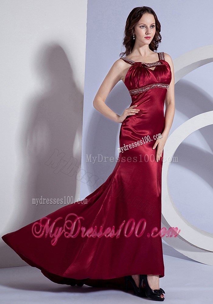 Beaded Decorate Bodice Straps Burgundy Brush Train Prom Dress