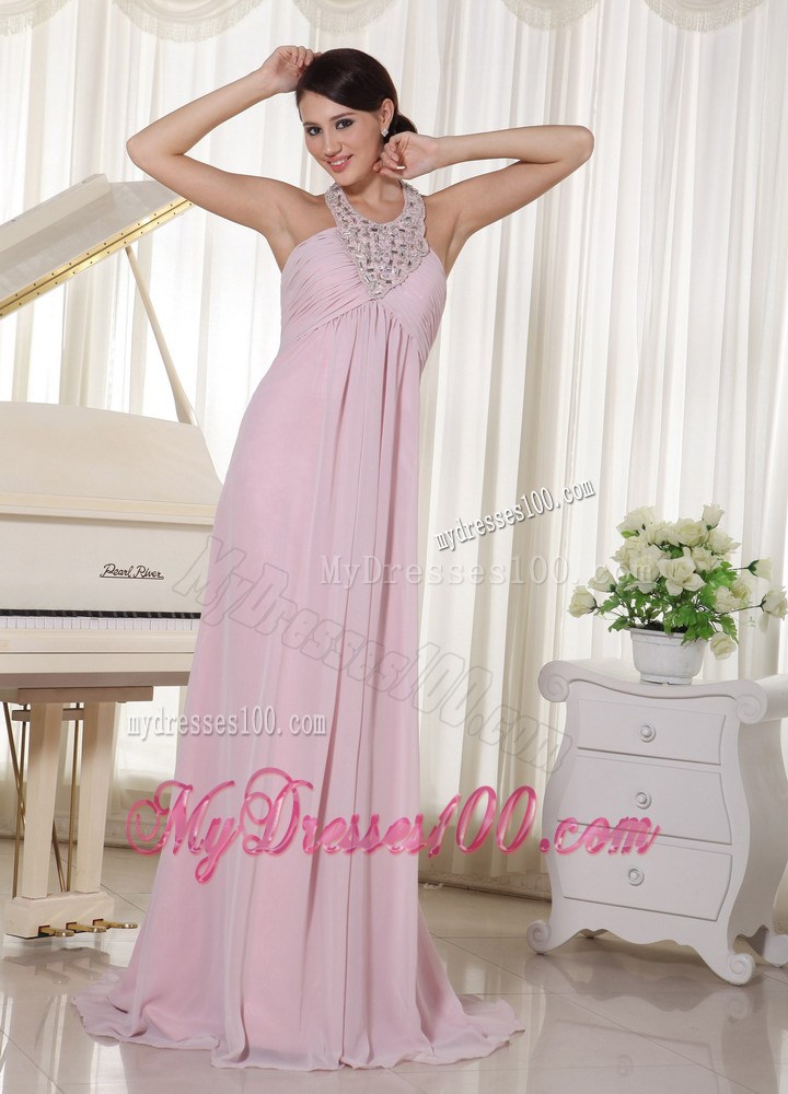 Baby Pink Halter Beaded Decorate Prom Dress With Brush Train
