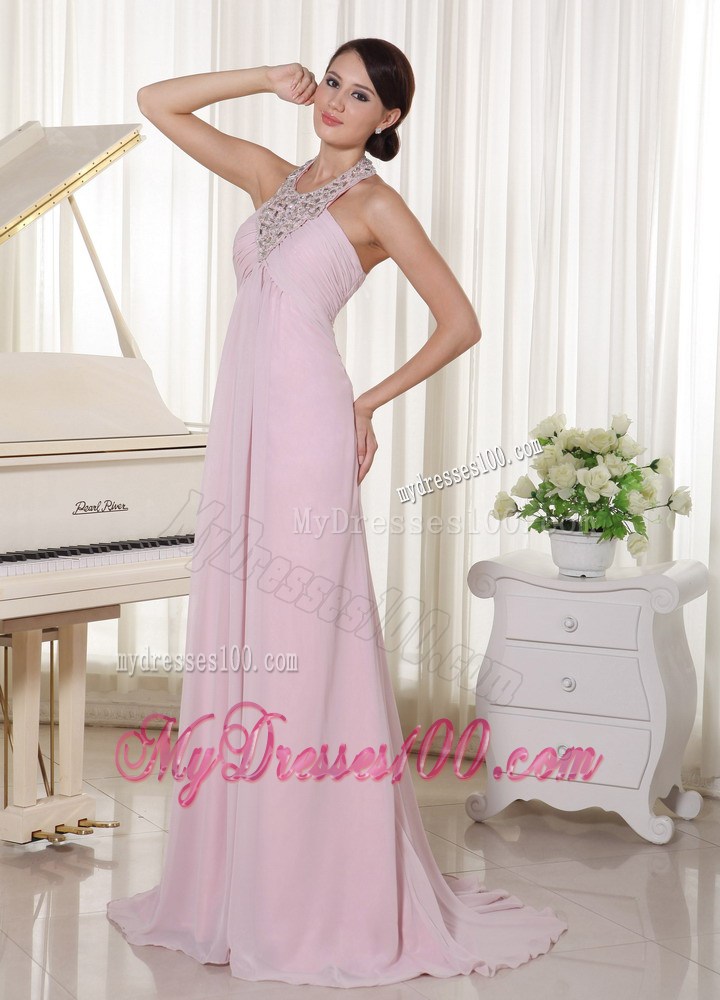 Baby Pink Halter Beaded Decorate Prom Dress With Brush Train