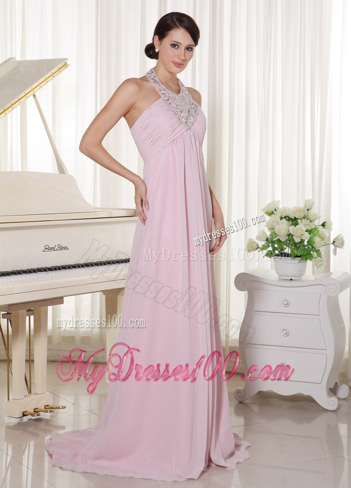 Baby Pink Halter Beaded Decorate Prom Dress With Brush Train