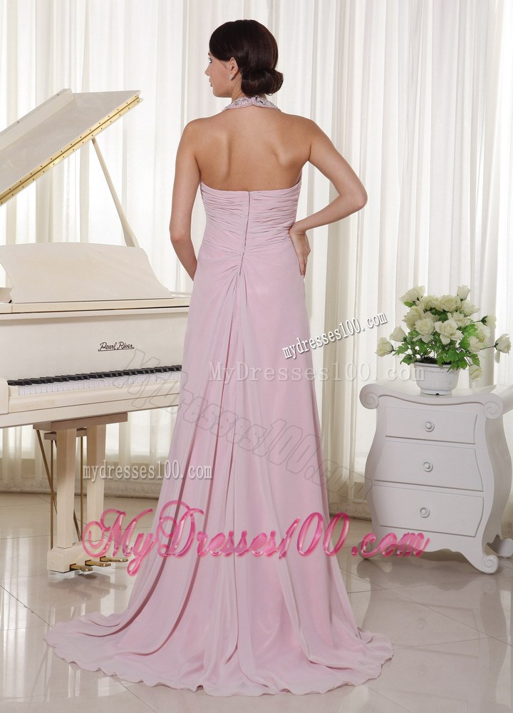 Baby Pink Halter Beaded Decorate Prom Dress With Brush Train