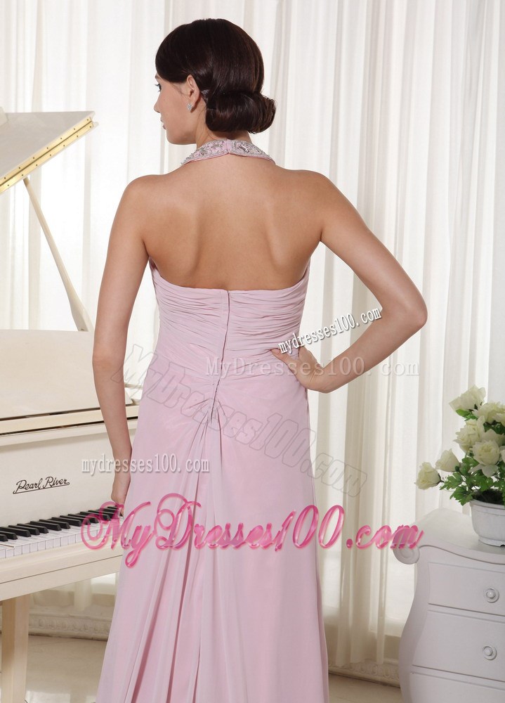 Baby Pink Halter Beaded Decorate Prom Dress With Brush Train