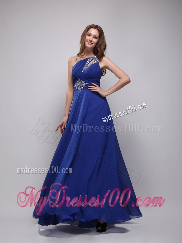 Blue Empire One Shoulder Floor-length Beading Prom Party Dress
