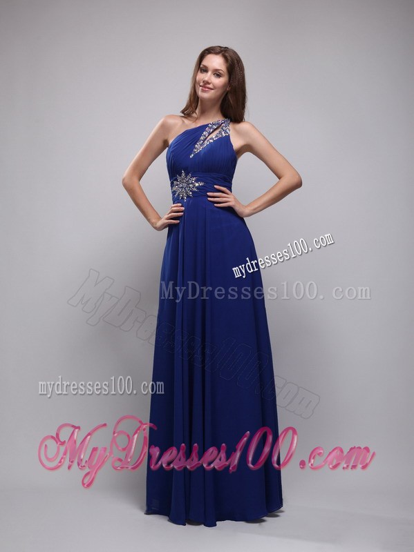 Blue Empire One Shoulder Floor-length Beading Prom Party Dress