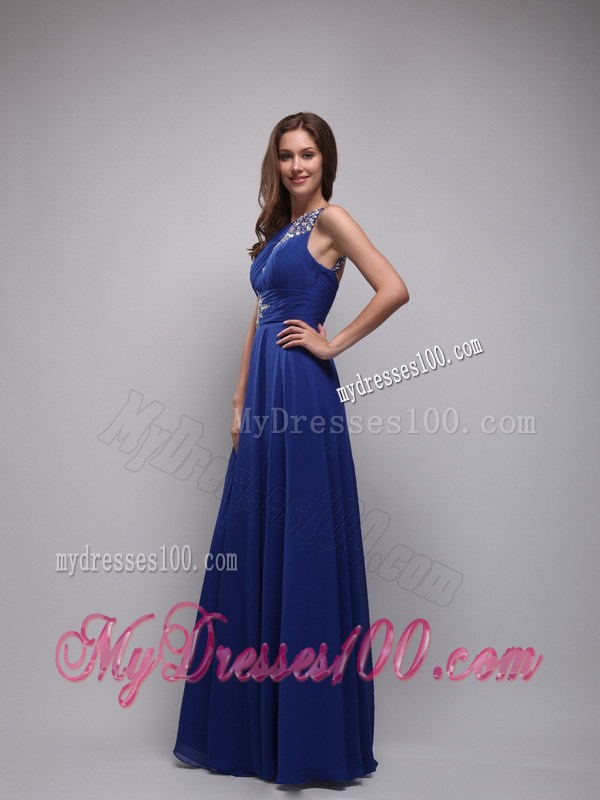 Blue Empire One Shoulder Floor-length Beading Prom Party Dress