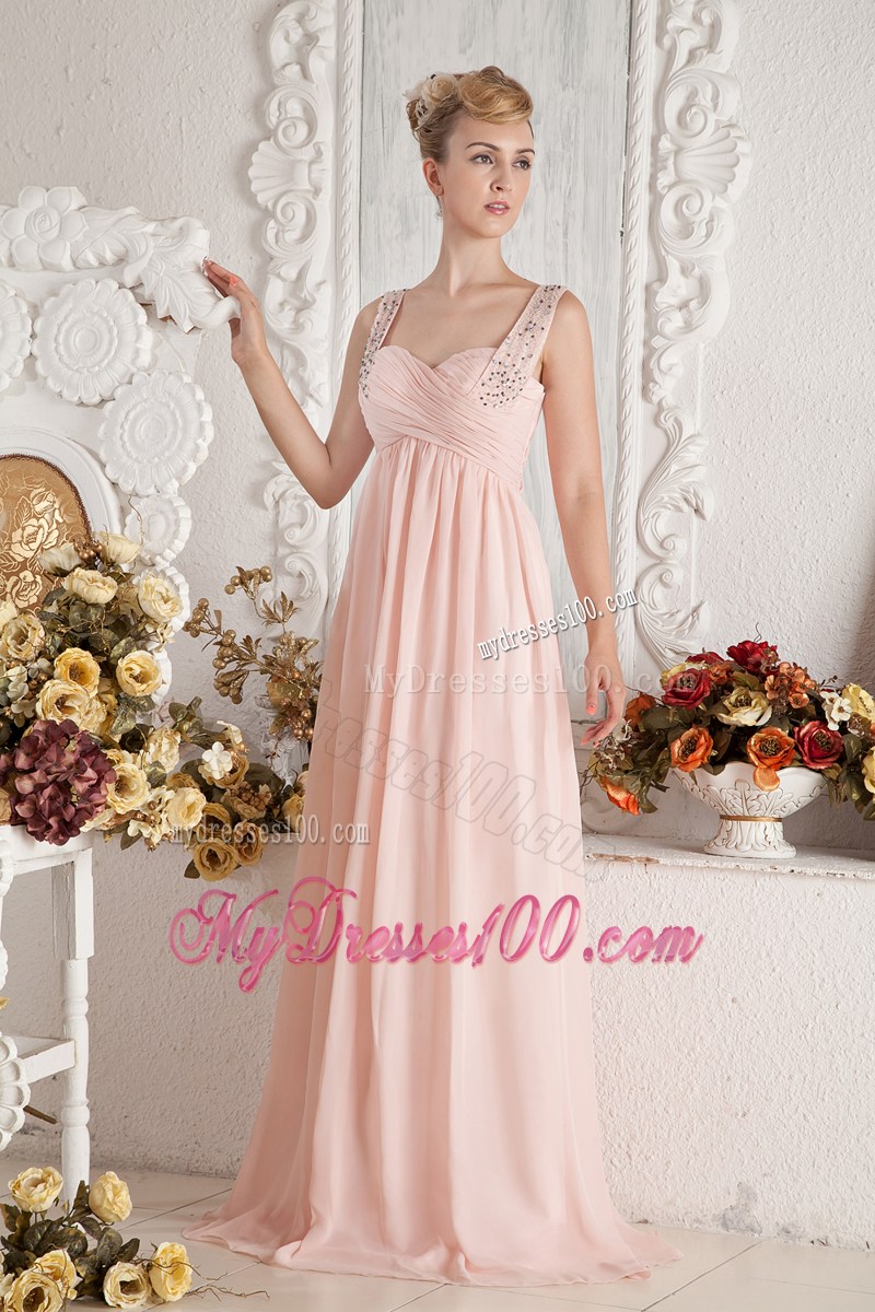 Baby Pink Empire Straps Beading and Ruche Prom Pageant Dress