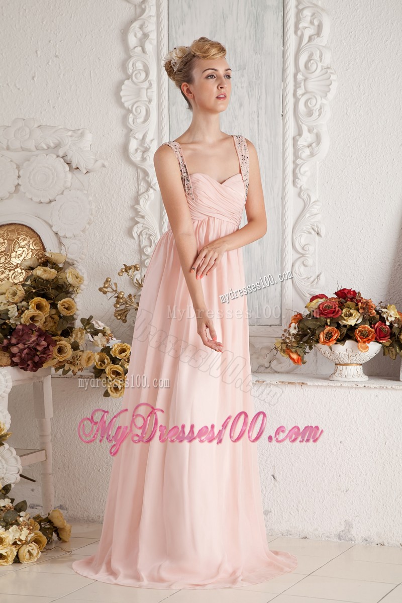 Baby Pink Empire Straps Beading and Ruche Prom Pageant Dress