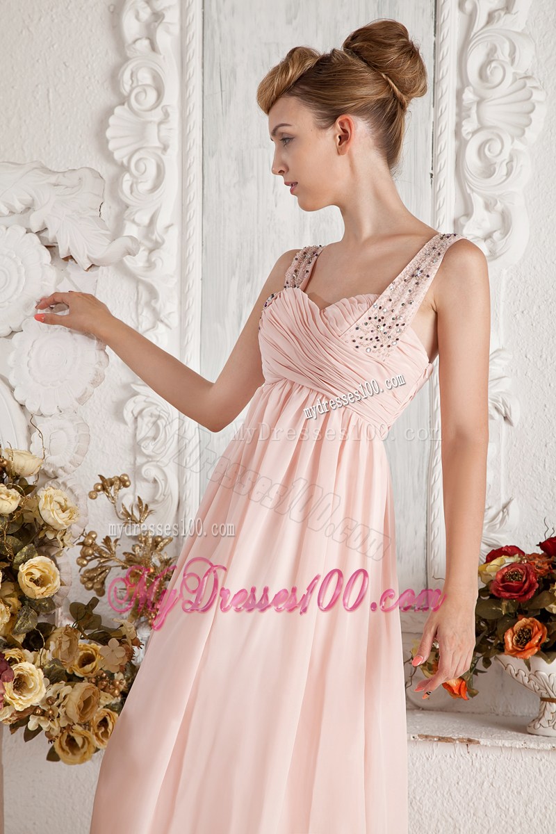 Baby Pink Empire Straps Beading and Ruche Prom Pageant Dress