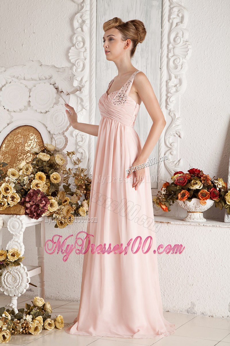 Baby Pink Empire Straps Beading and Ruche Prom Pageant Dress