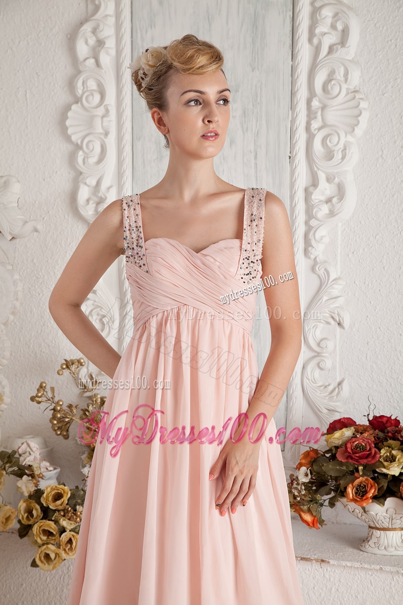 Baby Pink Empire Straps Beading and Ruche Prom Pageant Dress