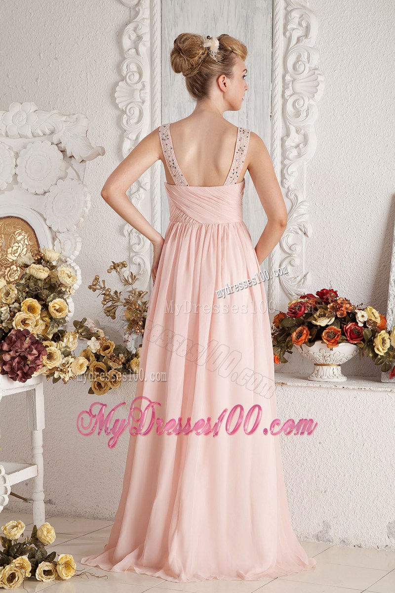 Baby Pink Empire Straps Beading and Ruche Prom Pageant Dress